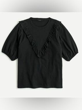 J. Crew Black Ruffled Bib Puff Sleeve Cotton Top